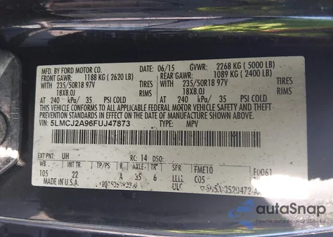 2015 Lincoln Mkc z USA, uszkodzony, nr VIN 5LMCJ2A96FUJ47873